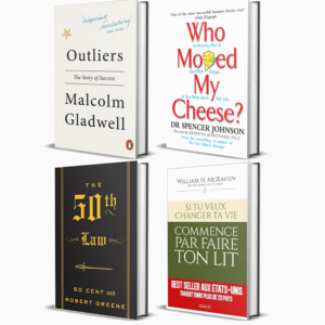 4 livres "Mindset & Réussite" : The 50th Law, Si tu veux changer ta vie... commence par faire ton lit, Who Moved My Cheese?, Outliers : The Story of Success