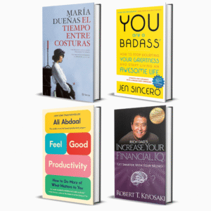 4 livres "Productivité & Finance" : feel good productivity, el tiampo entre costuras, INCREASE YOUR FINANCIAL IQ, You are a Badass: How to Stop Doubting Your Greatness and Start Living an Awesome Life