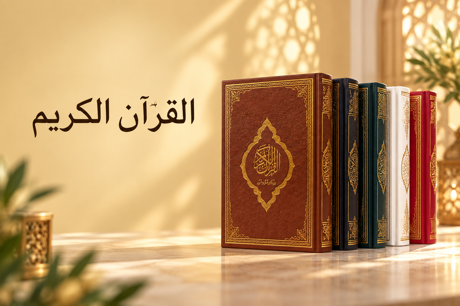 Livres du Coran sous lumiere doree